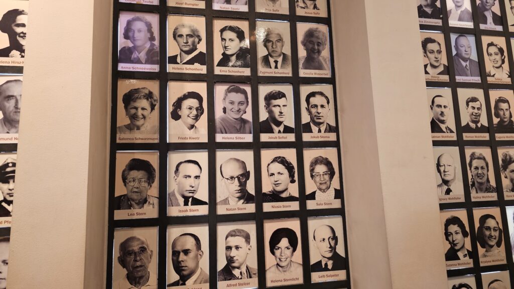 Photographs of Holocaust survivors displayed at Schindler’s Factory Museum in Kraków.