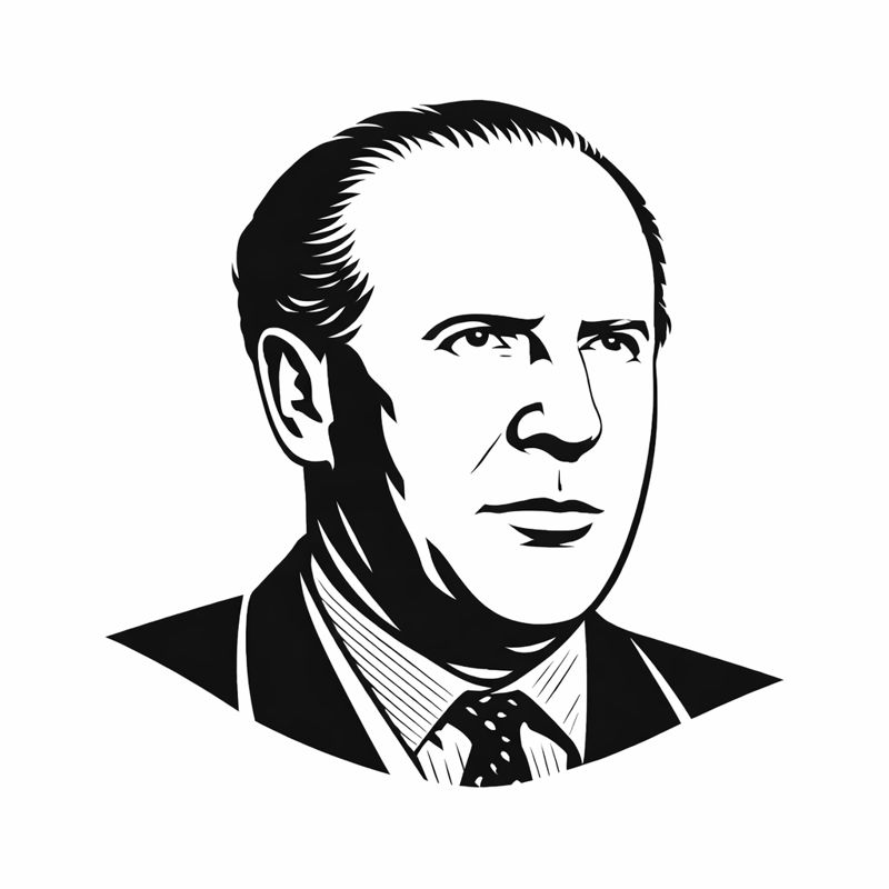tylised black and white vector portrait of Oskar Schindler, wearing a suit and tie, facing slightly to the right, on a white background