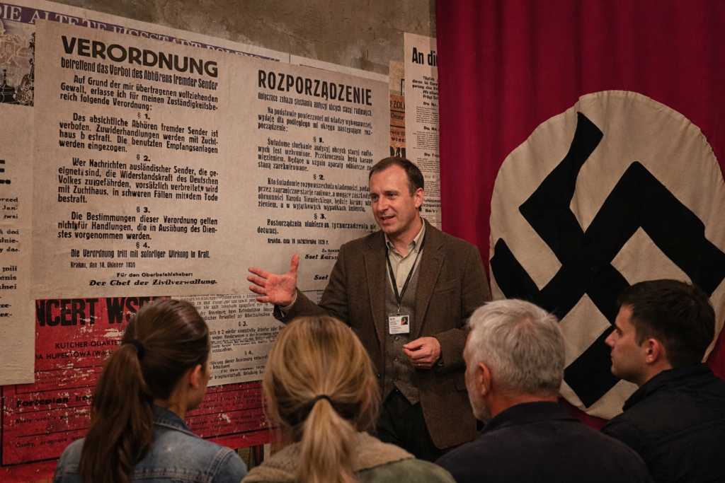 A museum guide explains Nazi-era posters and decrees to a group of visitors inside the Schindler’s Factory Museum. A large swastika flag hangs in the background, symbolising the oppressive regime discussed during the tour.